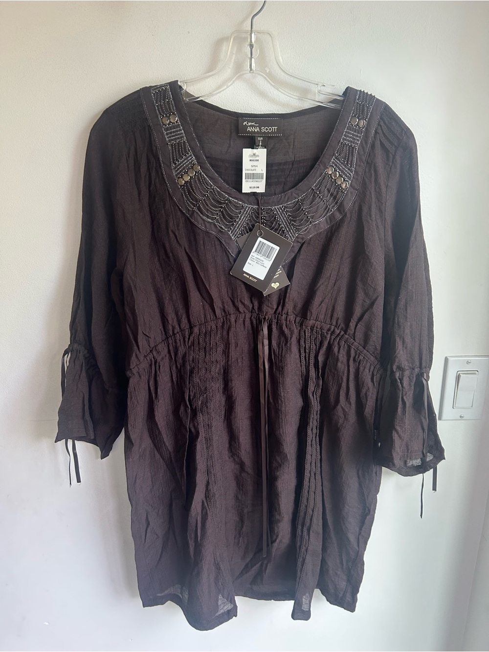 Anna Scott bohemian-style peasant tunic blouse brown. Size large New with Tags!